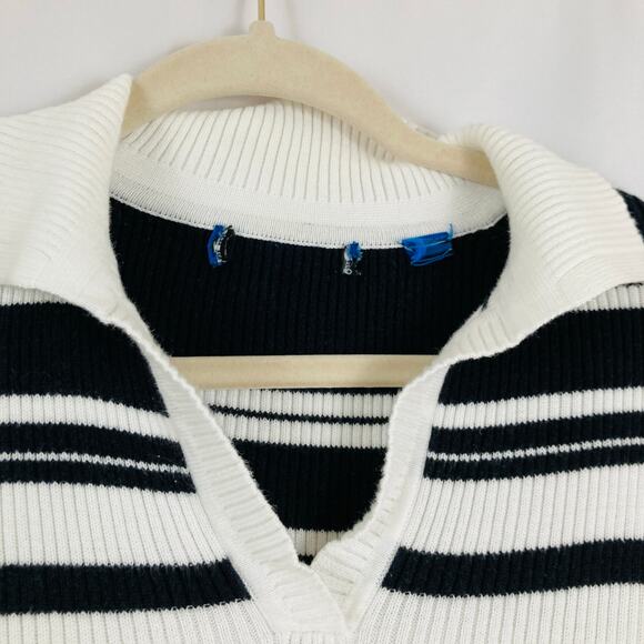 VTG Womens L White & Black Stripe Ribbed Polo Sweater Preppy 90s Old Money Retro - Picture 4 of 8